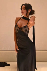 V-Neck Sleeveless Open Back Lace Top Satin Party Prom Dress