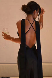 V-Neck Sleeveless Open Back Lace Top Satin Party Prom Dress