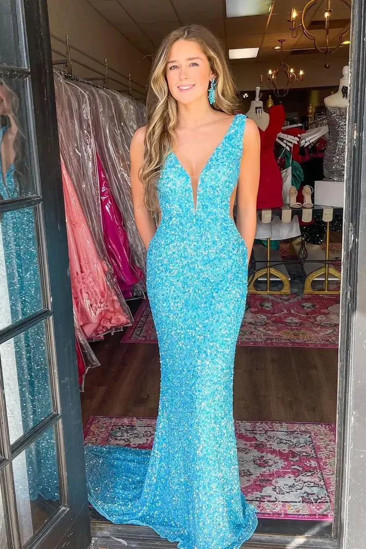 V-Neck Sleeveless Open Back Mermaid Sequins Prom Dress