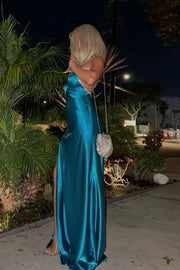 V-Neck Sleeveless Open Back Satin Party Prom Dress 