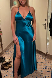 V-Neck Sleeveless Open Back Satin Party Prom Dress 