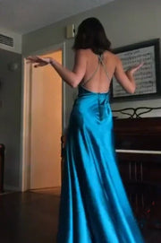 V-Neck Sleeveless Open Back Satin Party Prom Dress 