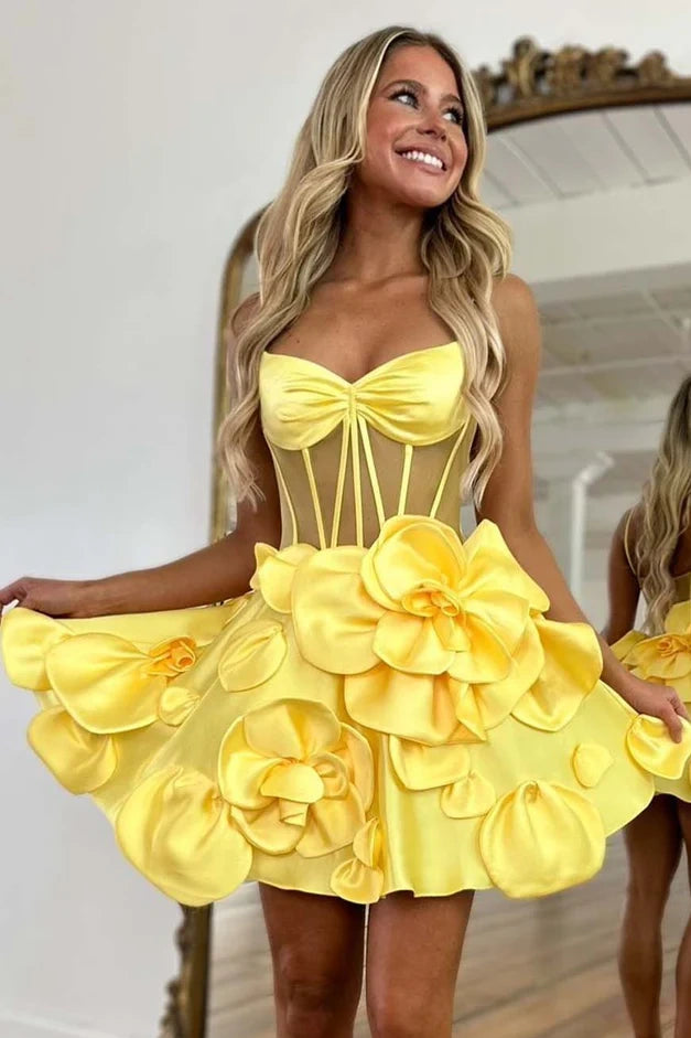 V-Neck Sleeveless Satin A-Line Florals Short Homecoming Dress Yellow / US 2 V-Neck Sleeveless Satin A-Line Florals Short Homecoming Dress Yellow / US 2