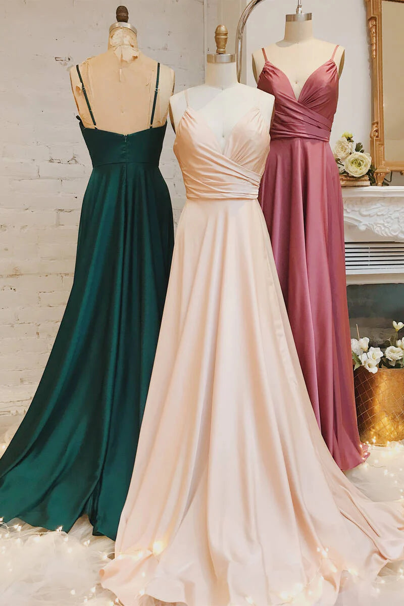 V-NeckSleevelessSatinA-LineRuchedEmpireBridesmaidDress