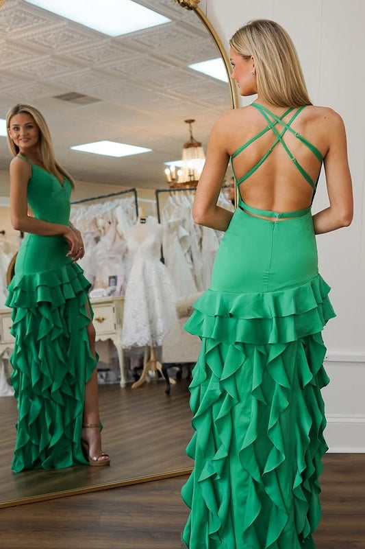 V-Neck Sleeveless Satin A-Line Ruffled Party Prom Dress With Slit