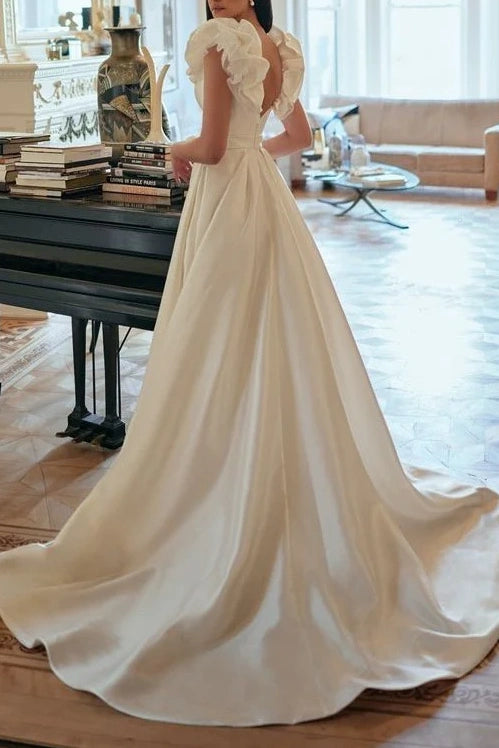 V-Neck Sleeveless Satin A-Line With Slit Wedding Dress