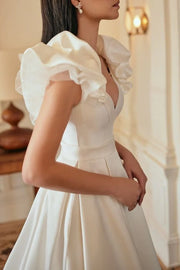 V-Neck Sleeveless Satin A-Line With Slit Wedding Dress