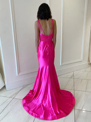 V-Neck Sleeveless Satin Fitted Trumpet With Train Prom Dress