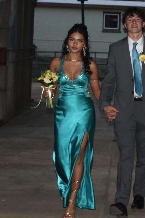 V-Neck Sleeveless Satin Long Party Prom Dress With Leg Slit