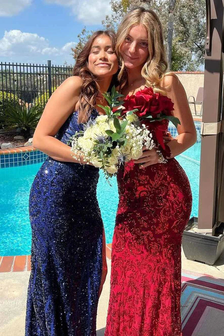 V-Neck Sleeveless Sequins Mermaid Prom Dress With High Slit