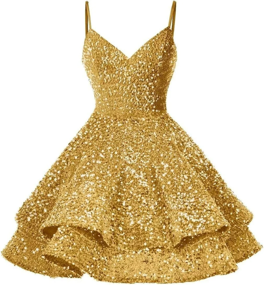 V-Neck Sleeveless Sequins Tiered A-Line Sequins Homecoming Dress Gold / US 14 V-Neck Sleeveless Sequins Tiered A-Line Sequins Homecoming Dress Gold / US 14