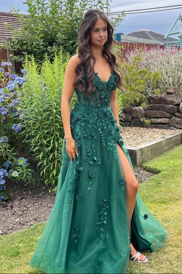 V-Neck Sleeveless Tulle A-Line 3D Floral Maxi Split Party Prom Dress