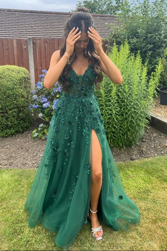 V-Neck Sleeveless Tulle A-Line 3D Floral Maxi Split Party Prom Dress