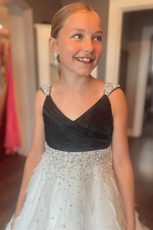 V-Neck Sleeveless Tulle A-Line Beaded Girl Pageant Dress