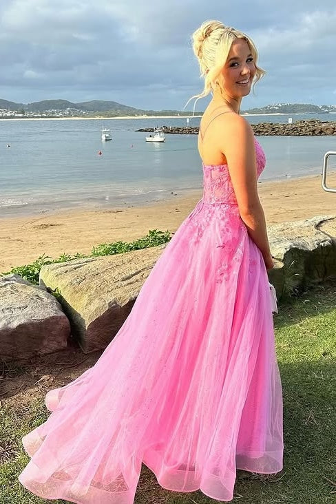V-Neck Sleeveless Tulle A-Line Lace Appliques Party Prom Dress