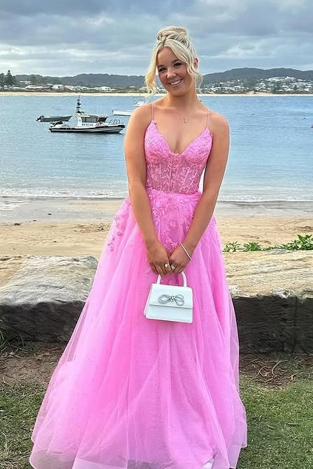 V-Neck Sleeveless Tulle A-Line Lace Appliques Party Prom Dress