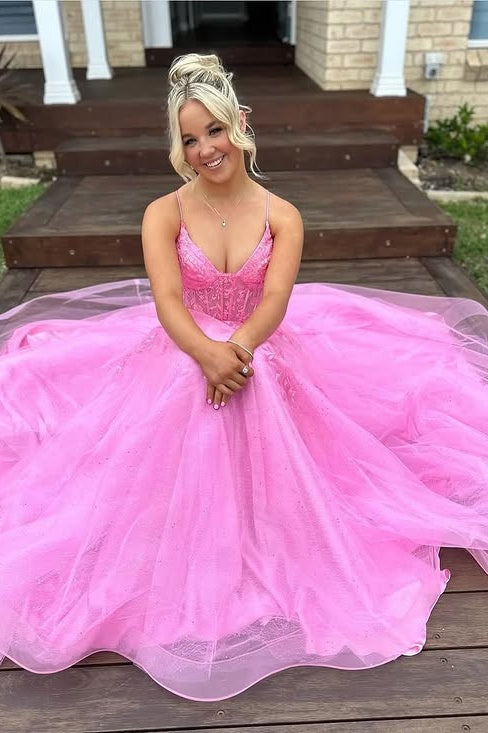 V-Neck Sleeveless Tulle A-Line Lace Appliques Party Prom Dress