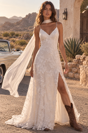 V-Neck Sleeveless V-Back Lace A-Line Split Wedding Dress With Train