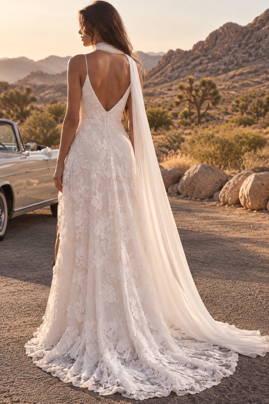 V-Neck Sleeveless V-Back Lace A-Line Split Wedding Dress With Train