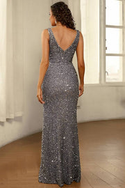 V-Neck Sleeves Sequins Party Evening Dress With Slit