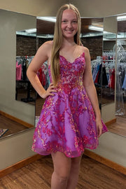 V-Neck Spaghetti Straps A-Line Empire Appliques Homecoming Dress