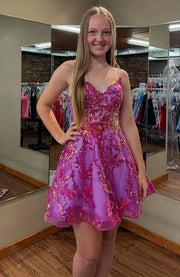 V-Neck Spaghetti Straps A-Line Empire Appliques Homecoming Dress