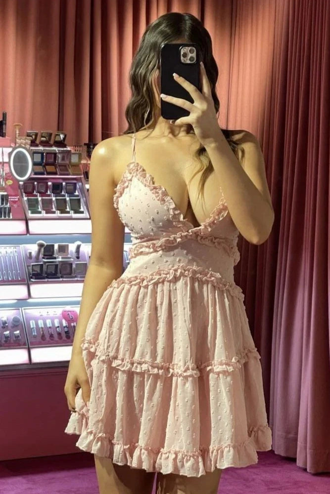 V-Neck Spaghetti Straps A-Line Empire Ruffle Homecoming Dress