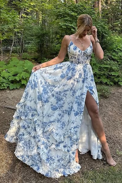 V-Neck Spaghetti Straps A-Line Floral Party Prom Dress With Slit