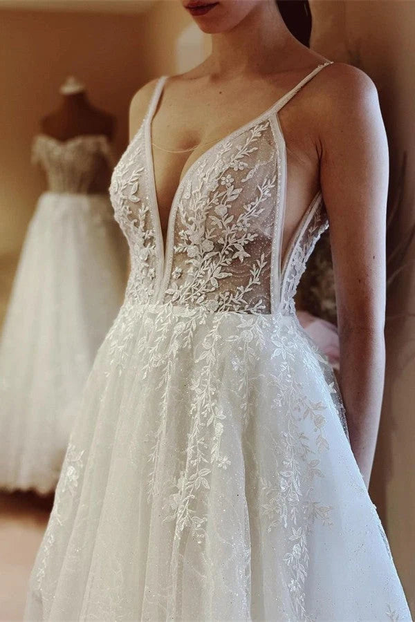 V-Neck Spaghetti Straps A-Line Lace Wedding Dress