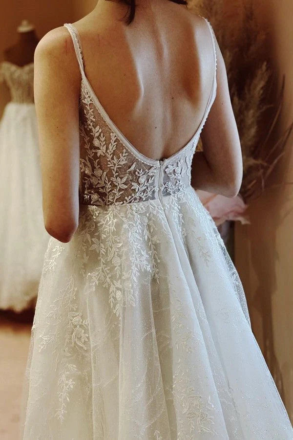 V-Neck Spaghetti Straps A-Line Lace Wedding Dress