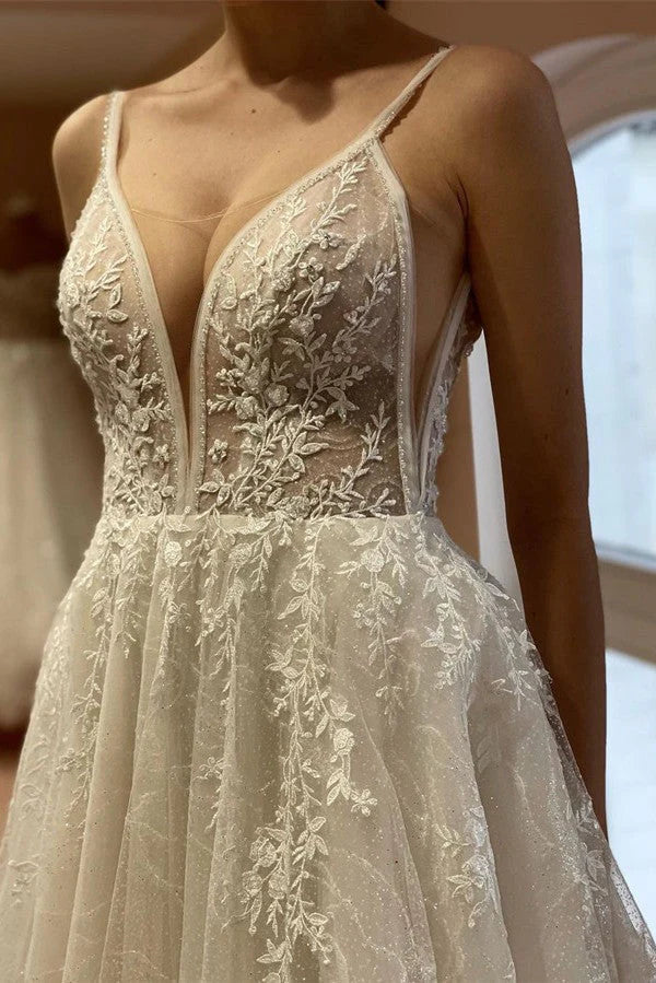 V-Neck Spaghetti Straps A-Line Lace Wedding Dress