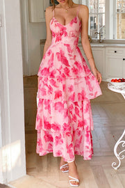 V-Neck Spaghetti Straps A-Line Tiered Floral Party Evening Dress