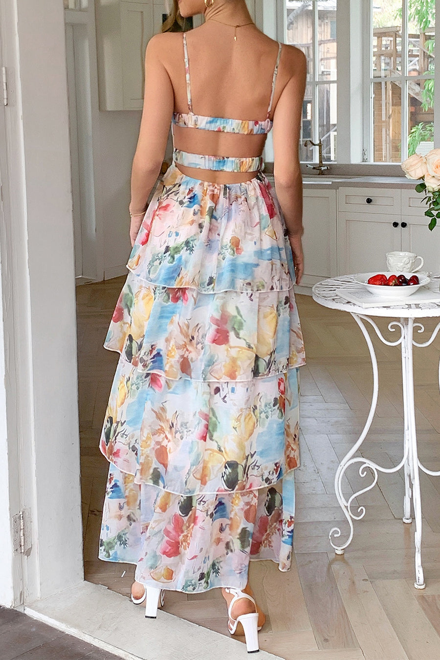 V-Neck Spaghetti Straps A-Line Tiered Floral Party Evening Dress