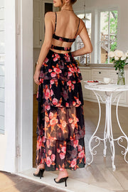 V-Neck Spaghetti Straps A-Line Tiered Floral Party Evening Dress