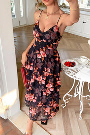 V-Neck Spaghetti Straps A-Line Tiered Floral Party Evening Dress