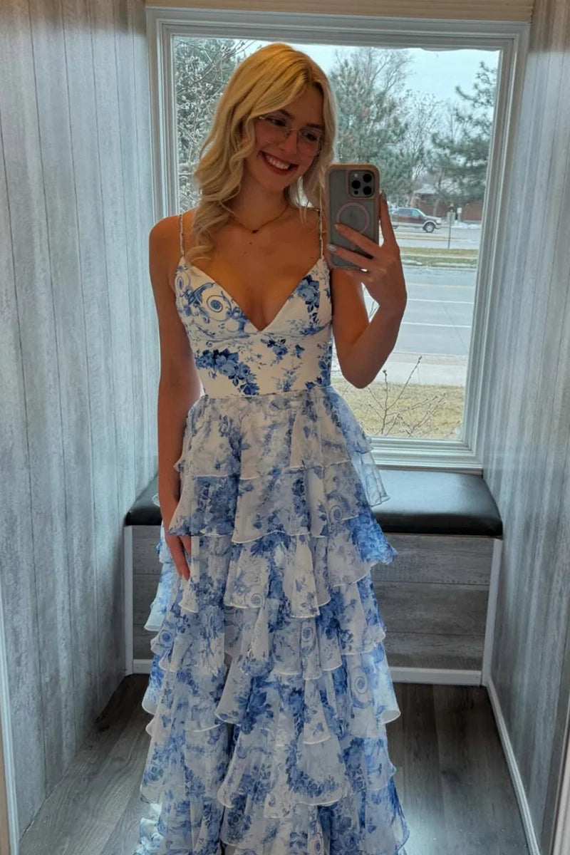 V-Neck Spaghetti Straps A-Line Tiered Floral Prom Party Dress
