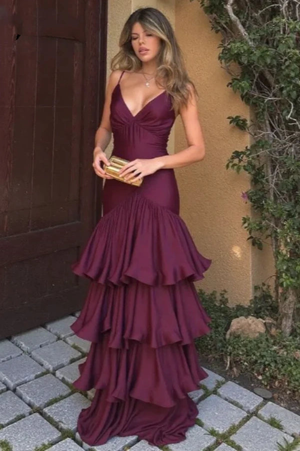 V-Neck Spaghetti Straps A-Line Tiered Satin Party Prom Dress