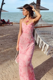 V-Neck Spaghetti Straps Appliques Lace Up Party Prom Dress