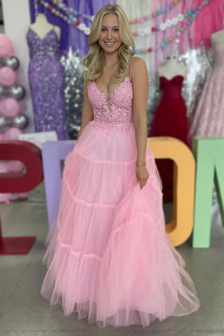 V-Neck Spaghetti Straps Appliques Tulle A-Line Prom Dress