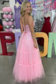 V-Neck Spaghetti Straps Appliques Tulle A-Line Prom Dress