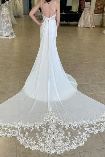 V-Neck Spaghetti Straps Backless With Train Wedding Dress White / US 4 V-Neck Spaghetti Straps Backless With Train Wedding Dress White / US 4
