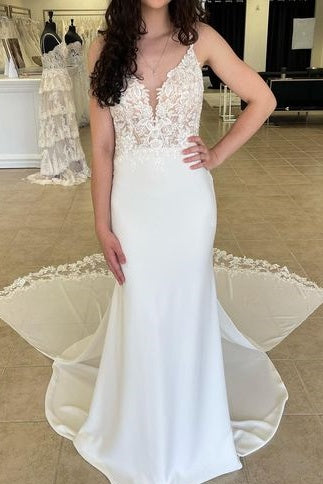 V-Neck Spaghetti Straps Backless With Train Wedding Dress | Joyofdress V-Neck Spaghetti Straps Backless With Train Wedding Dress | Joyofdress