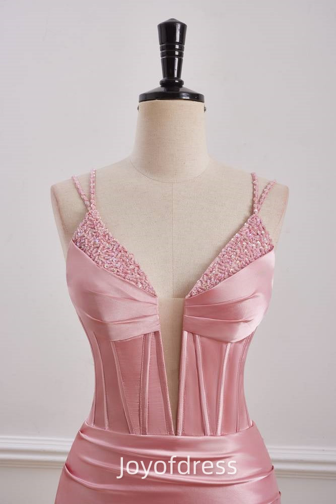 V-Neck Spaghetti Straps Beaded Empire Satin Homecoming Dress