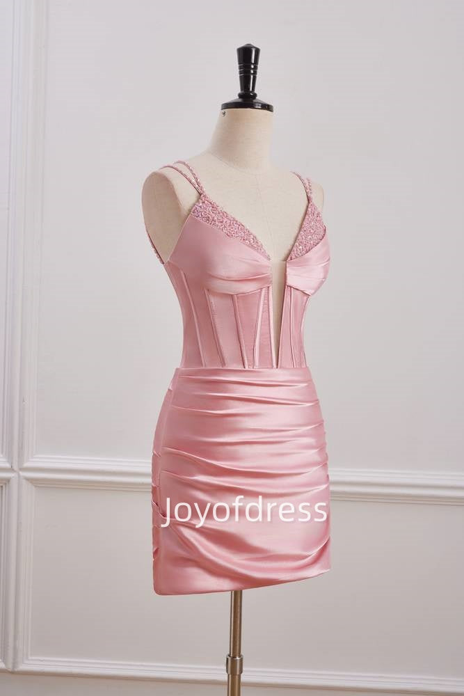 V-Neck Spaghetti Straps Beaded Empire Satin Homecoming Dress