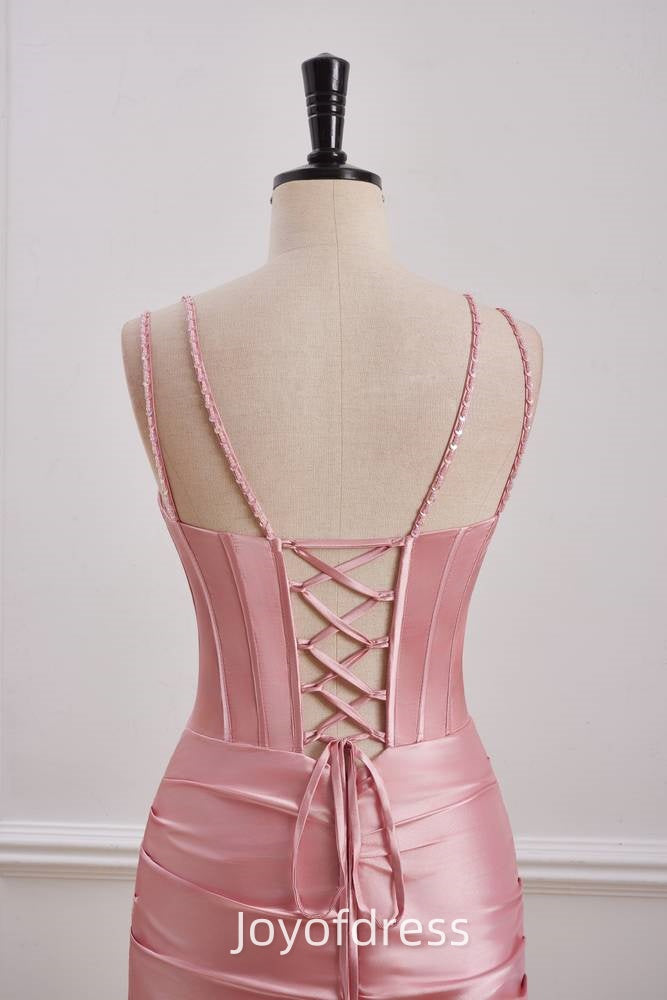 V-Neck Spaghetti Straps Beaded Empire Satin Homecoming Dress