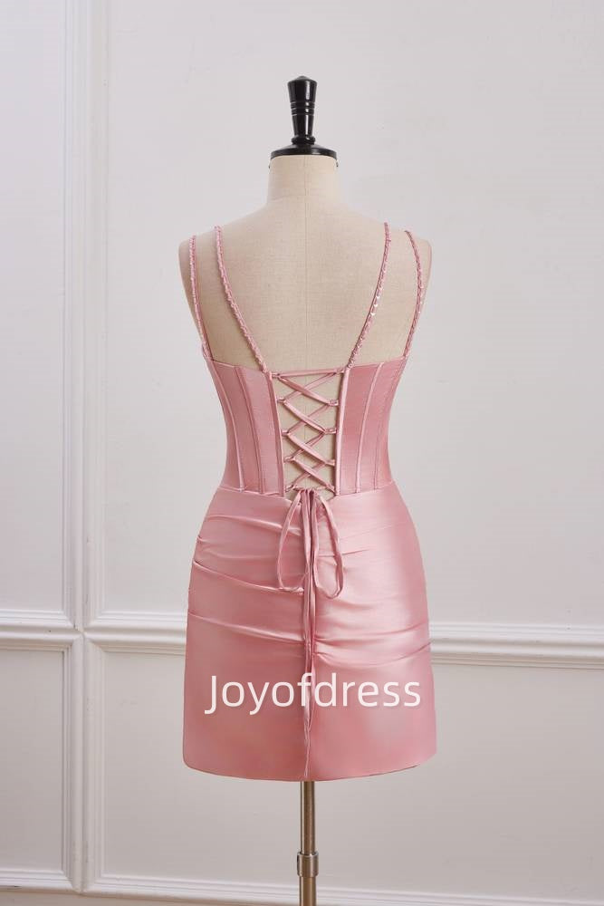 V-Neck Spaghetti Straps Beaded Empire Satin Homecoming Dress