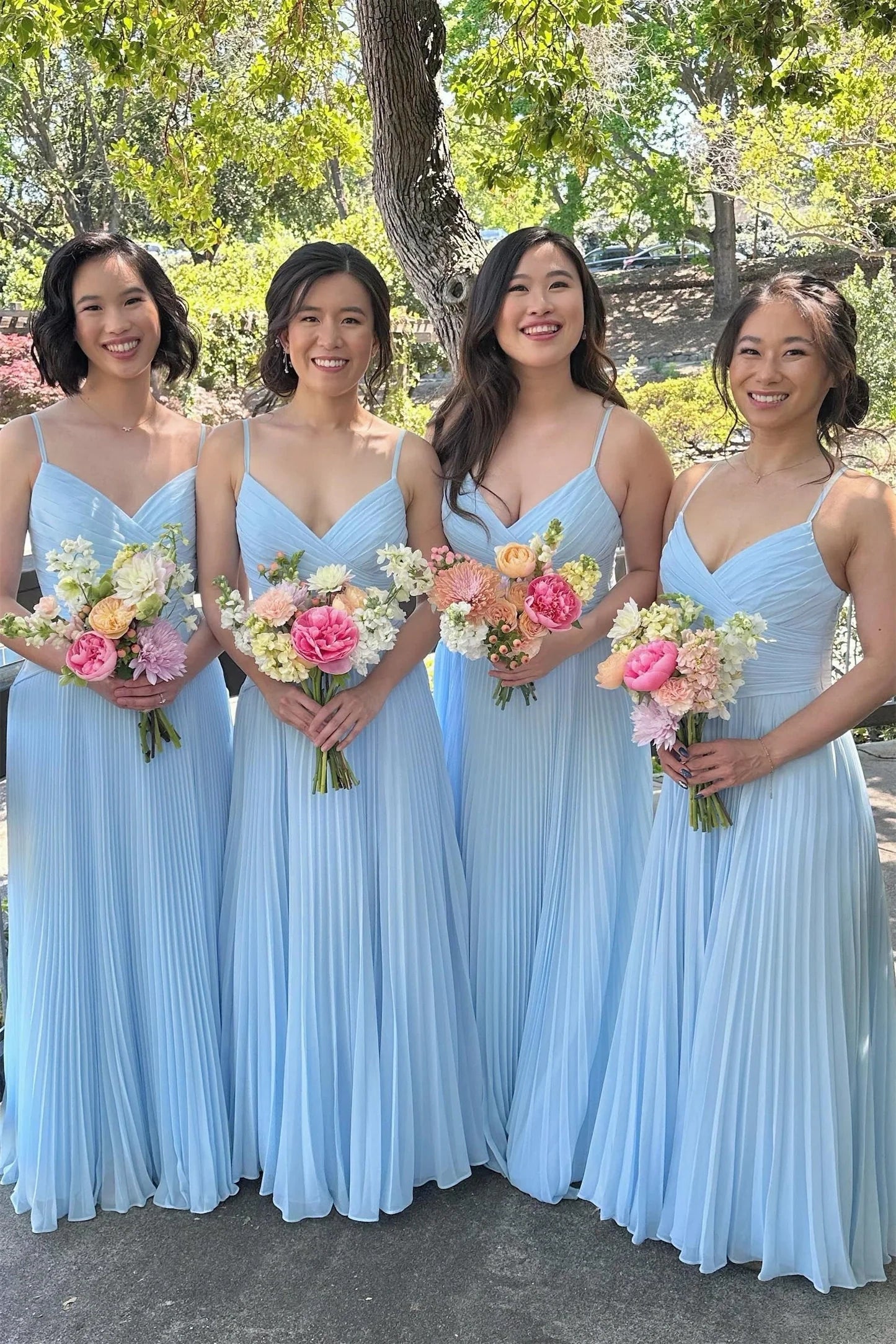 V-Neck Spaghetti Straps Chiffon A-Line Pleated Bridesmaid Dress