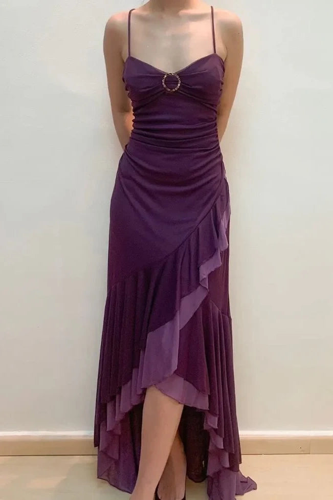 V-Neck Spaghetti Straps Chiffon Ruffle Slit Party Prom Dress