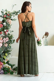 V-Neck Spaghetti Straps Empire A-Line Long Velvet Dress