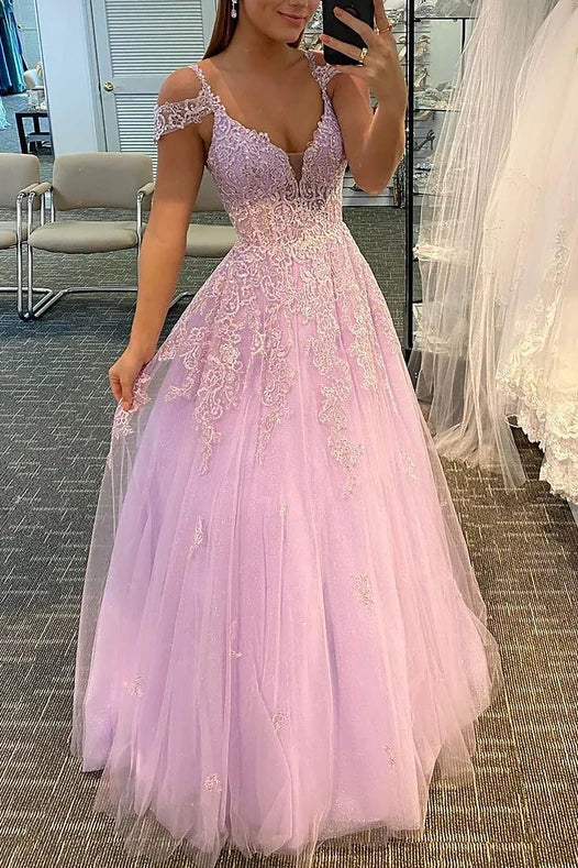 V-Neck Spaghetti Straps Empire Lace Up Appliques Long Prom Dress